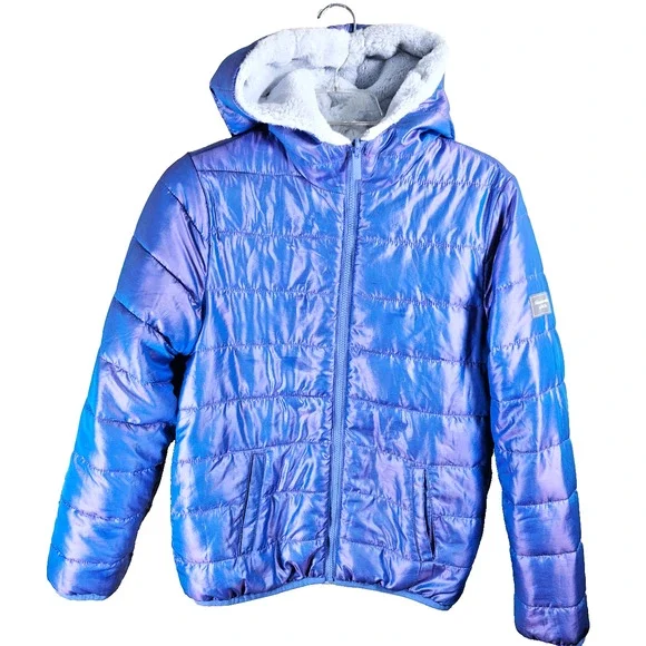 Abercrombie Kids Puffer Jacket Coat Sz 15/16 Blue with Hood Faux Fur Lining - Picture 1 of 11